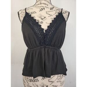 Wild Moss Babydoll Crop Top SZ Medium Crochet Trim Black Blouse Milkmaid Fairy